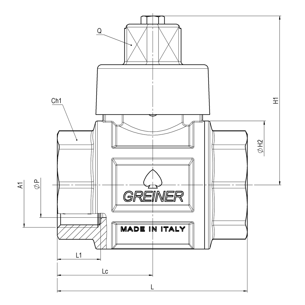 Water full-bore ball valve, heavy execution, with 400 Nm resistance, with square cap FEMALE-FEMALE