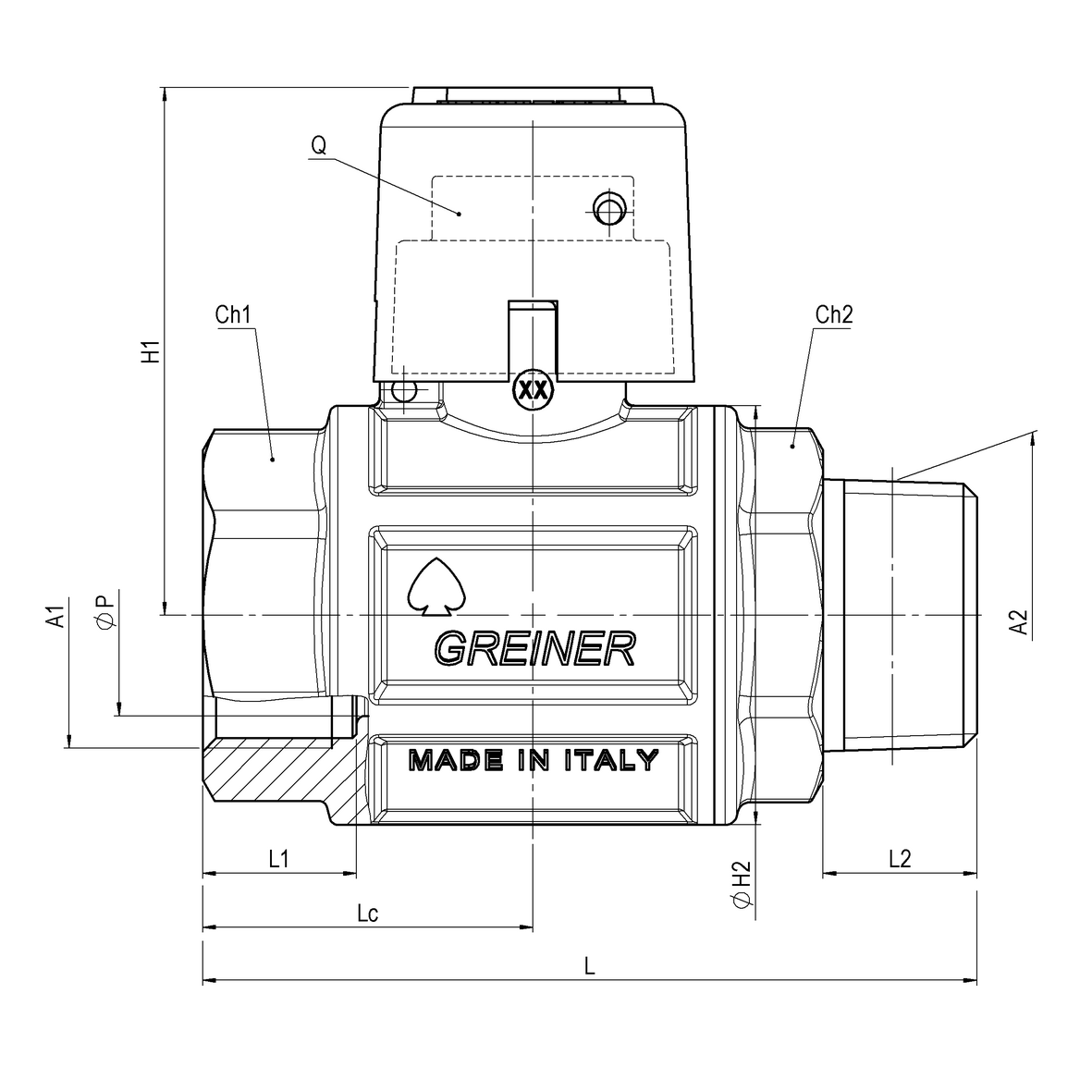 Water full-bore ball valve, heavy execution, with green sealable cap MALE-FEMALE