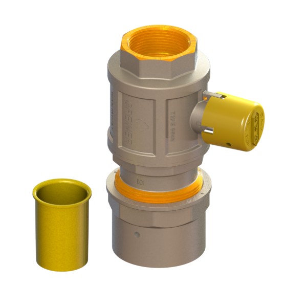 Gas full-bore ball valve, heavy execution, for PE, protected with SDR11 inlet, with yellow sealable cap, PE-FEMALE