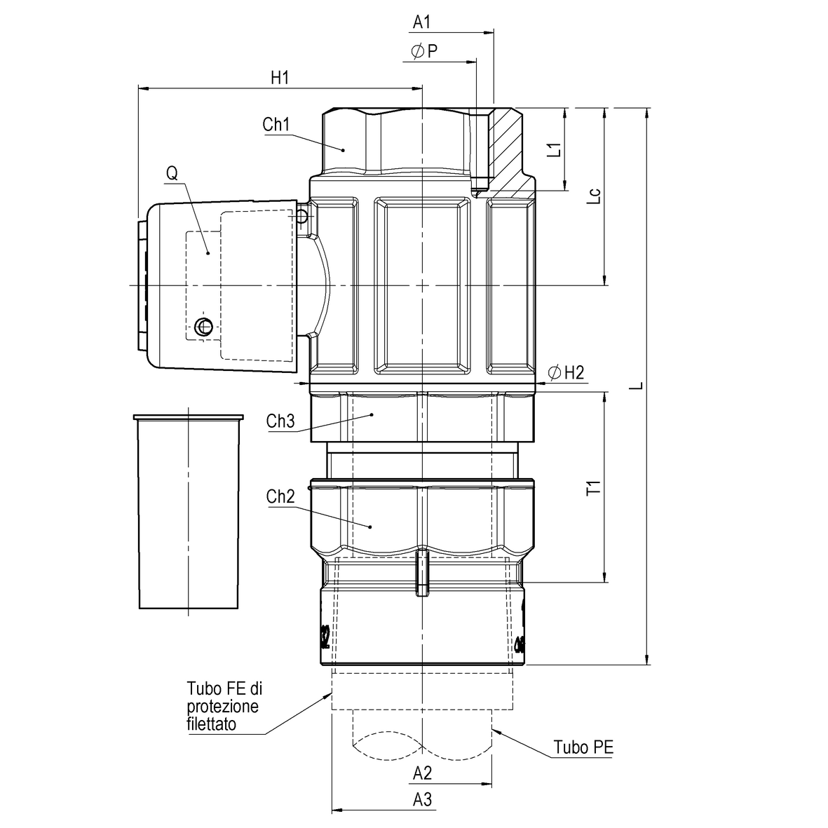 Gas full-bore ball valve, heavy execution, for PE, protected with SDR11 inlet, with yellow sealable cap, PE-FEMALE