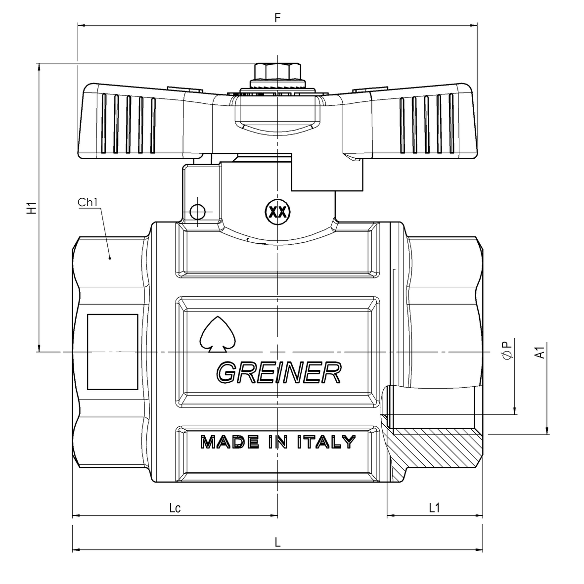 Water full-bore ball valve, heavy execution, with sealable T-handle FEMALE-FEMALE