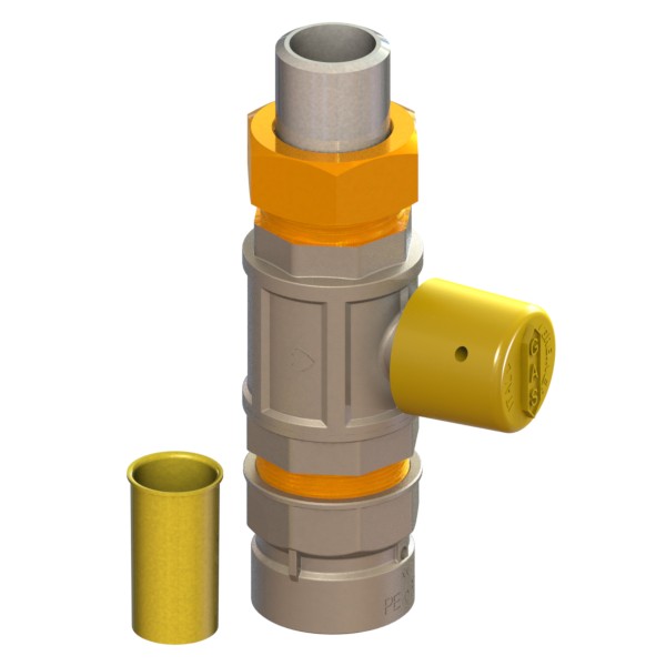 Valvola a sfera gas a passaggio totale pesante per PE protetto con boccola SDR11 con cappuccio giallo sig. PE-FE saldare