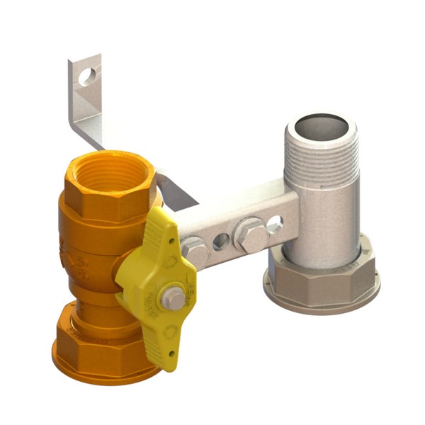 Bracket for gas meter L=110, inlet valve with yellow sealable T-handle, outlet tail with twisted fixing plate FEMALE-MOVING NUT-MALE