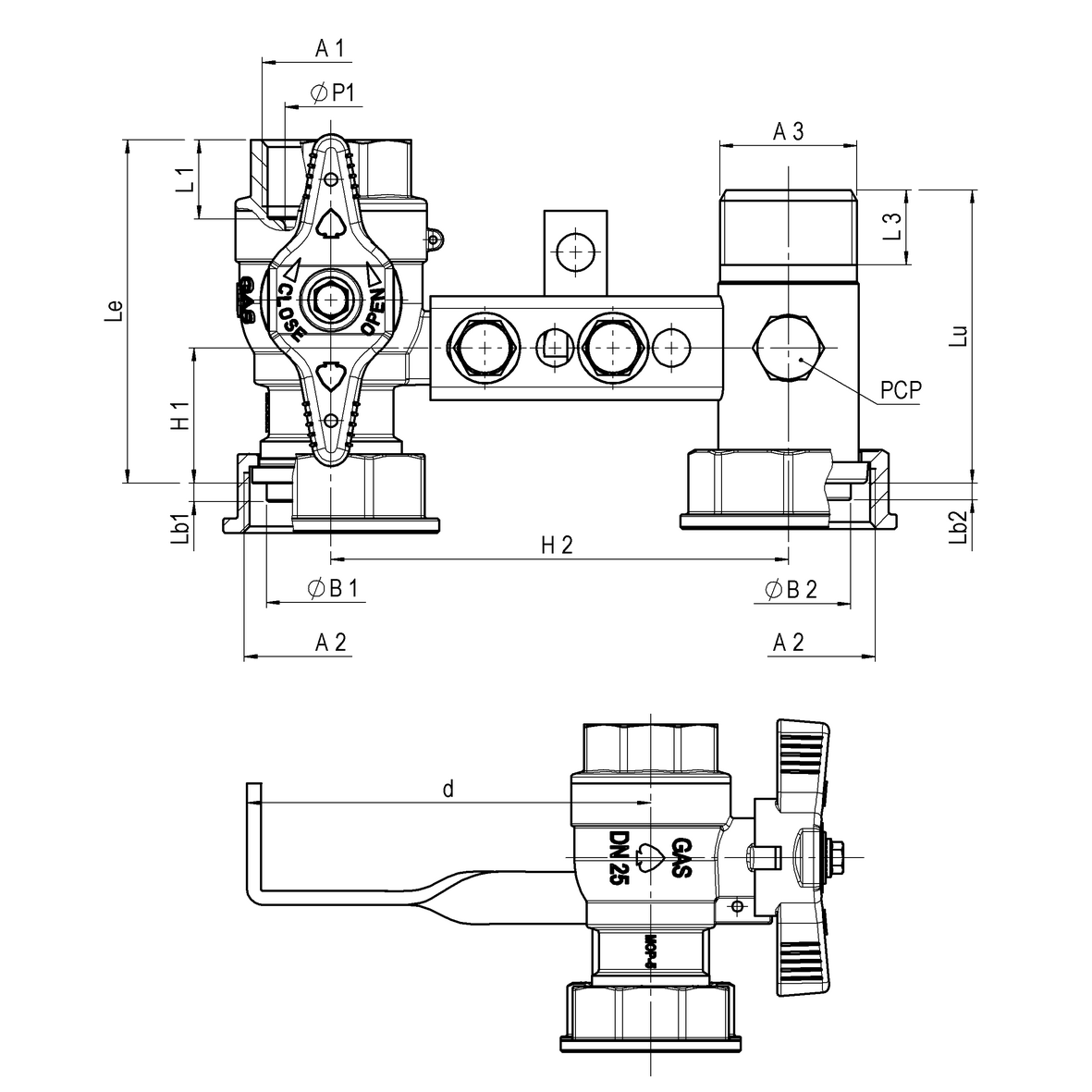 Mensola per contatore gas I=110 valvola in entrata con farfalla gialla sigillabile cannotto in uscita con PCP con zanca attorcigliata F-GI-M
