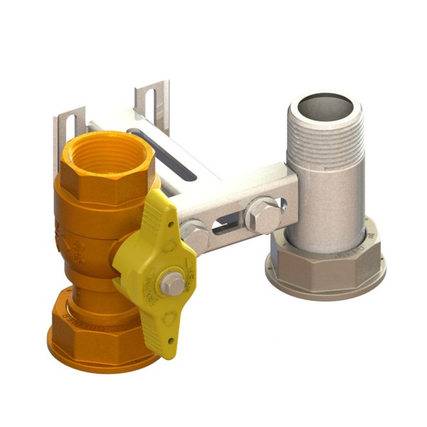 Mensola per contatore gas I=110 valvola in entrata con farfalla gialla sigillabile cannotto in uscita con supporto ad U F-GI-M