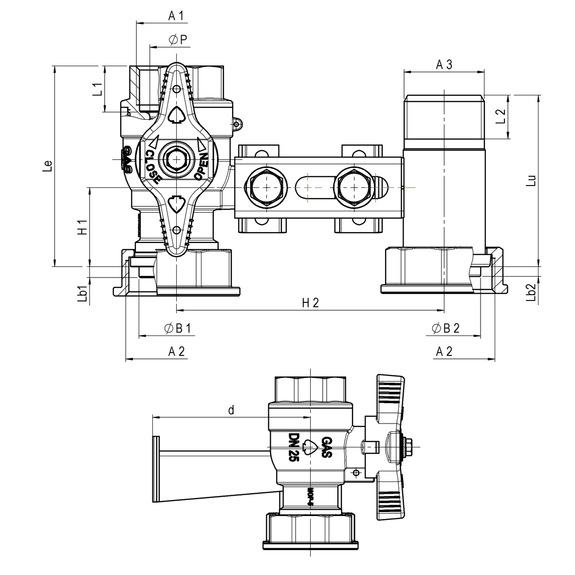 Mensola per contatore gas I=110 valvola in entrata con farfalla gialla sigillabile cannotto in uscita con supporto ad U F-GI-M