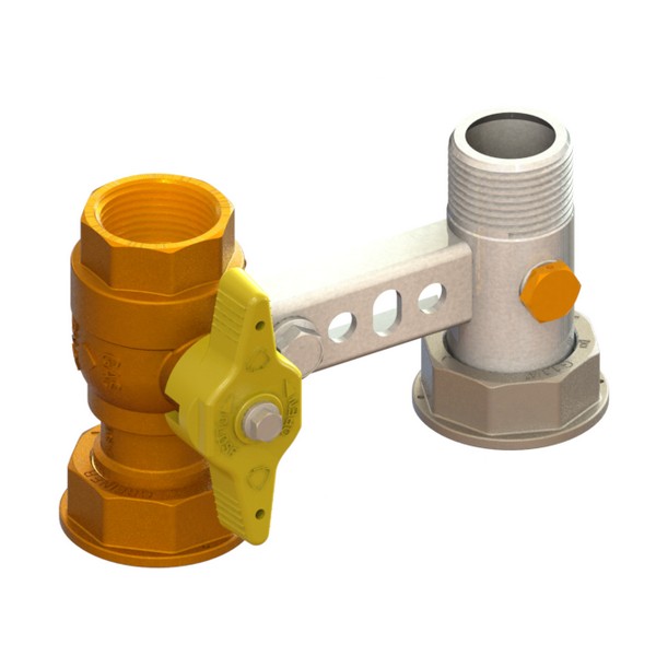Bracket for gas meter L=110, inlet valve with yellow sealable T-handle, outlet tail with PCP FEMALE-MOVING NUT-MALE