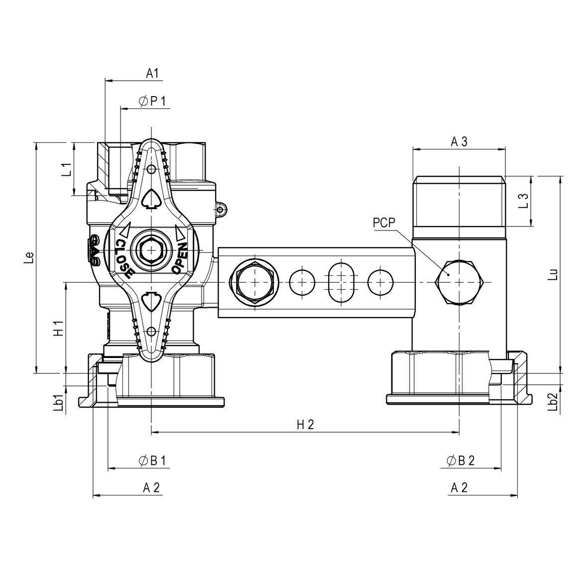 Mensola per contatore gas I=110 valvola in entrata con farfalla gialla sigillabile cannotto in uscita con PCP F-GI-M