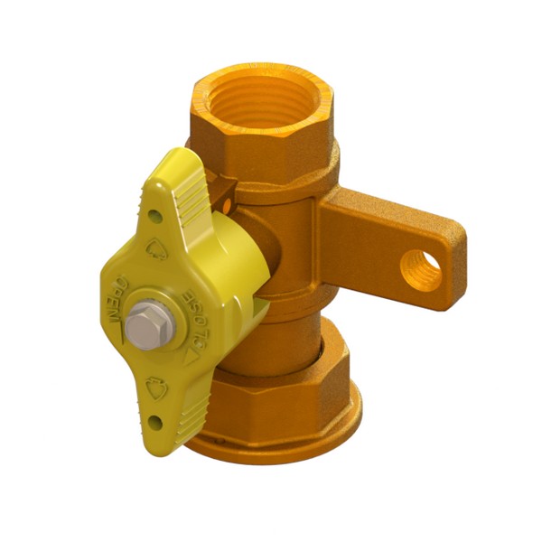 Gas meter reduced-bore inlet ball valve with mounting ear with yellow sealable T-handle FEMALE-MOVING NUT