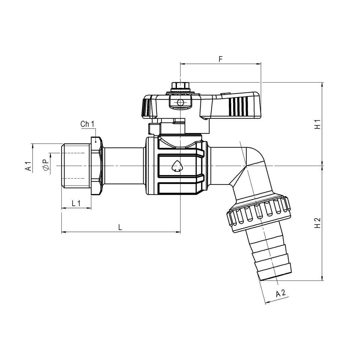 Rubinetto erogatore a sfera antigelo curvo con portagomma con farfalla asimettrica blu M-PG