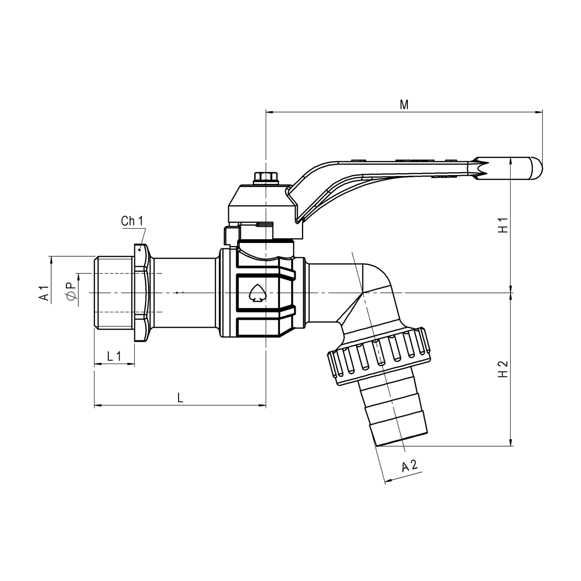 Rubinetto erogatore a sfera antigelo curvo con portagomma con maniglia blu M-PG