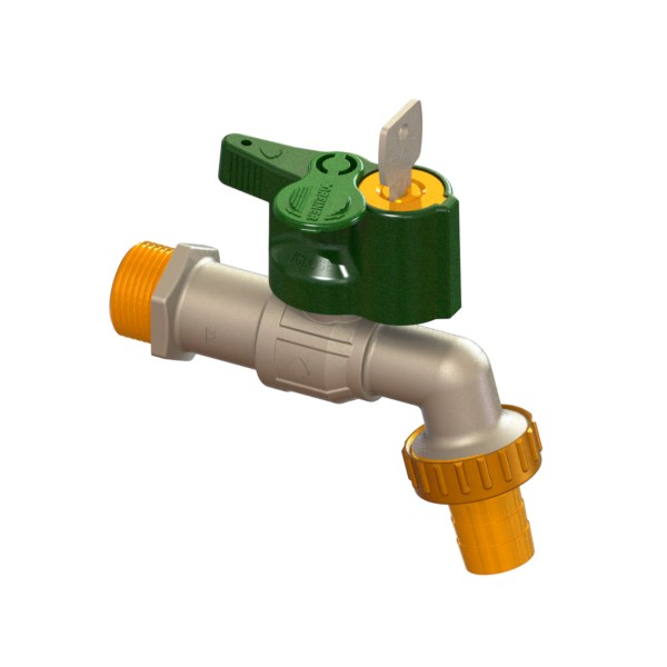 Curved ball bibcock, with hose connection and arrearage lock with automatic lock 401-460 MALE-PG