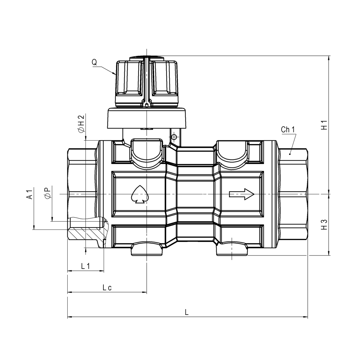 Water full-bore ball valve, heavy execution, with check valve and survival device with B-Grip cap, FEMALE-FEMALE