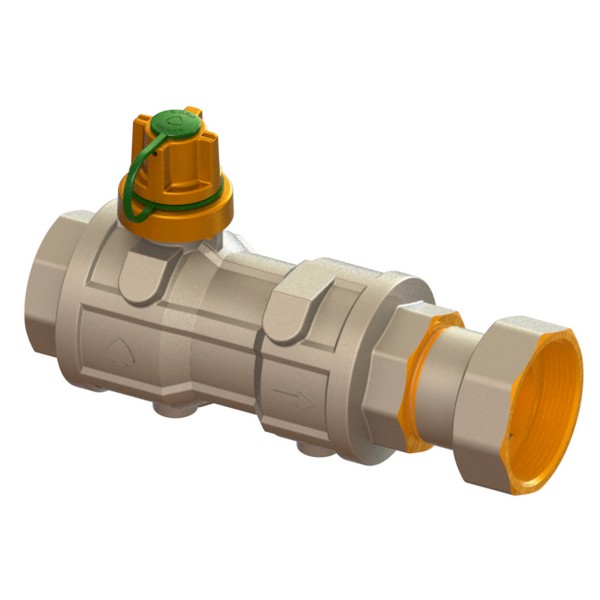 Valvola a sfera acqua a passaggio totale pesante con ritegno in linea con cappellotto antimanomissione B-Grip F-GI