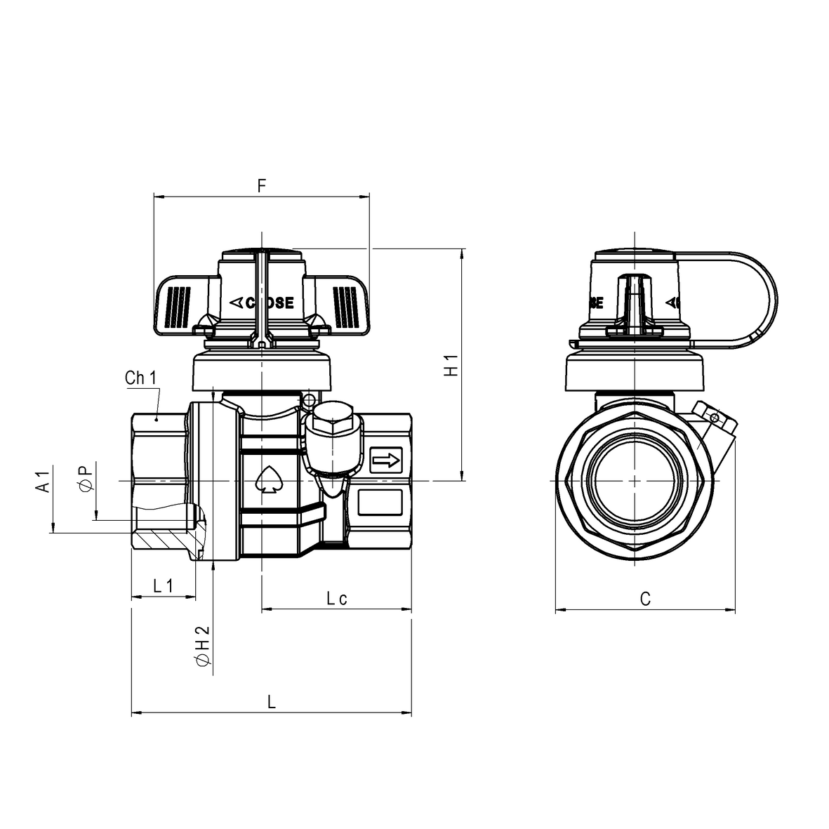 Water full-bore ball valve, standard series, with adjustable survival device with B-Grip T-handle, FEMALE-FEMALE