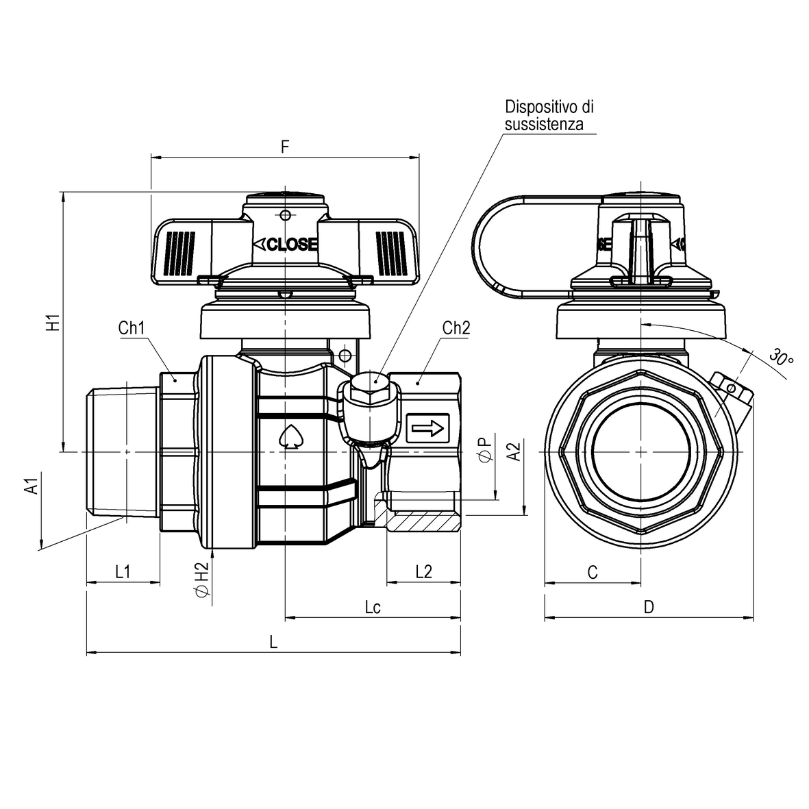 Water full-bore ball valve, standard series, with adjustable survival device with B-Grip T-handle, MALE-FEMALE