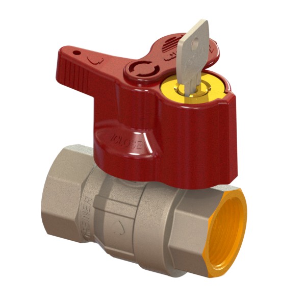 Water full-bore ball valve, heavy execution, arrearage lock with automatic lock 0901, with red T-handle, FEMALE-FEMALE