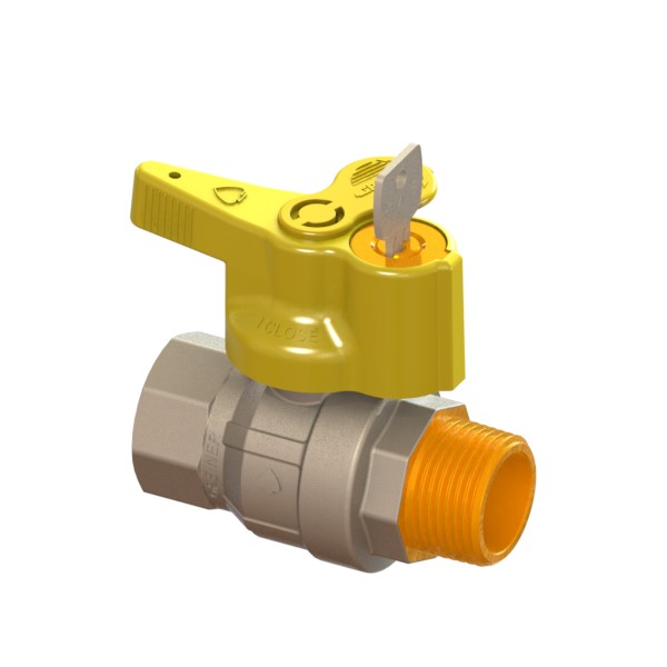 Valvola a sfera gas a passaggio totale normale con serratura di sicurezza e morosità 301÷340 con farfalla gialla M-F