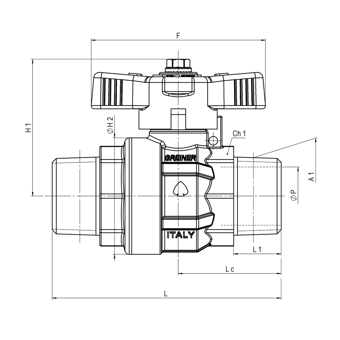 Gas full-bore ball valve, standard series, with yellow sealable T-handle MALE-MALE