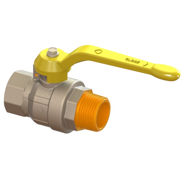 Valvola a sfera per gas a passaggio totale serie normale con maniglia gialla M-F