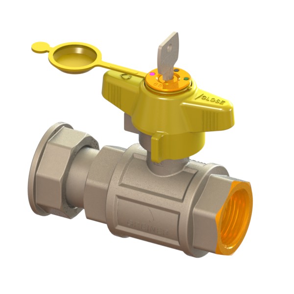 Valvola a sfera ingresso contatore gas a passaggio totale con farfalla gialla sigillabile F-GI