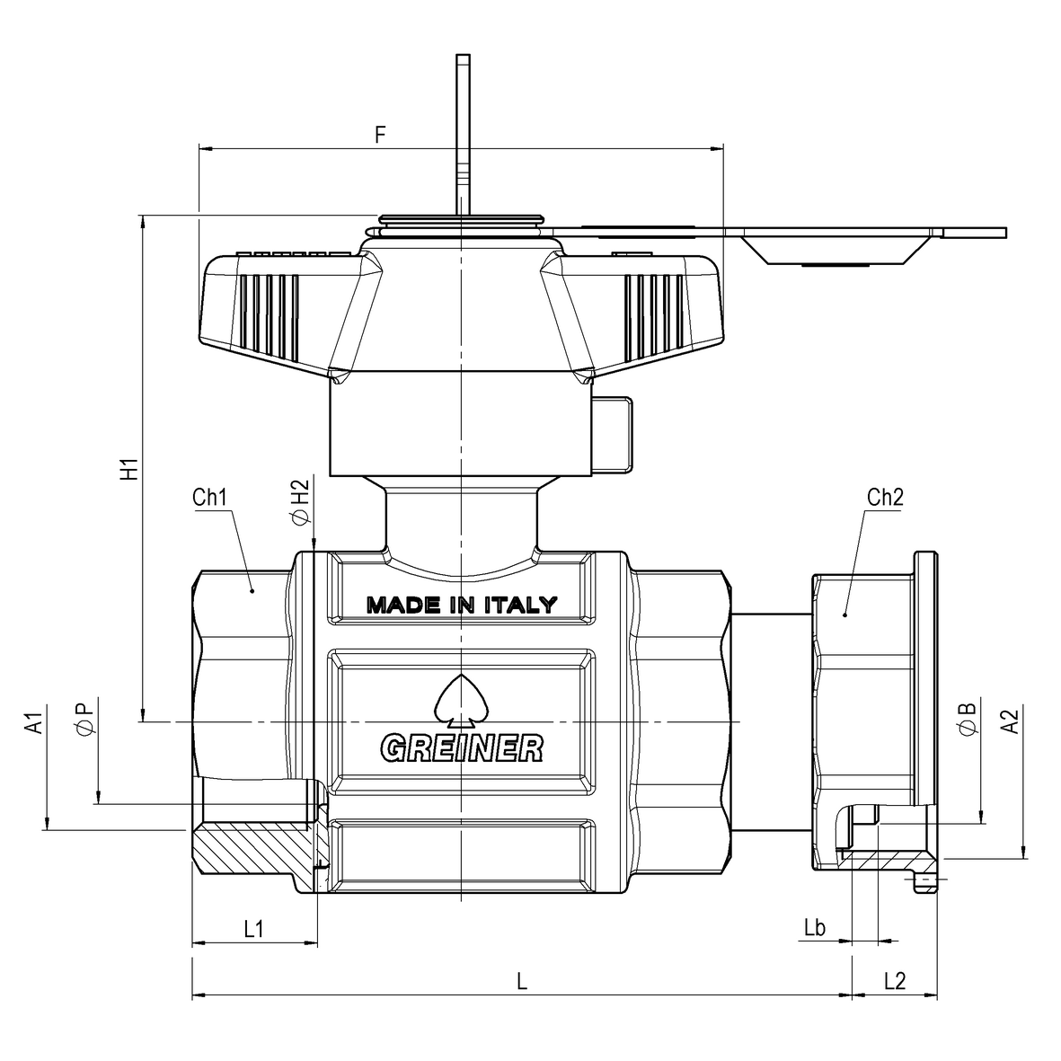 Valvola a sfera ingresso contatore gas a passaggio totale con farfalla gialla sigillabile F-GI