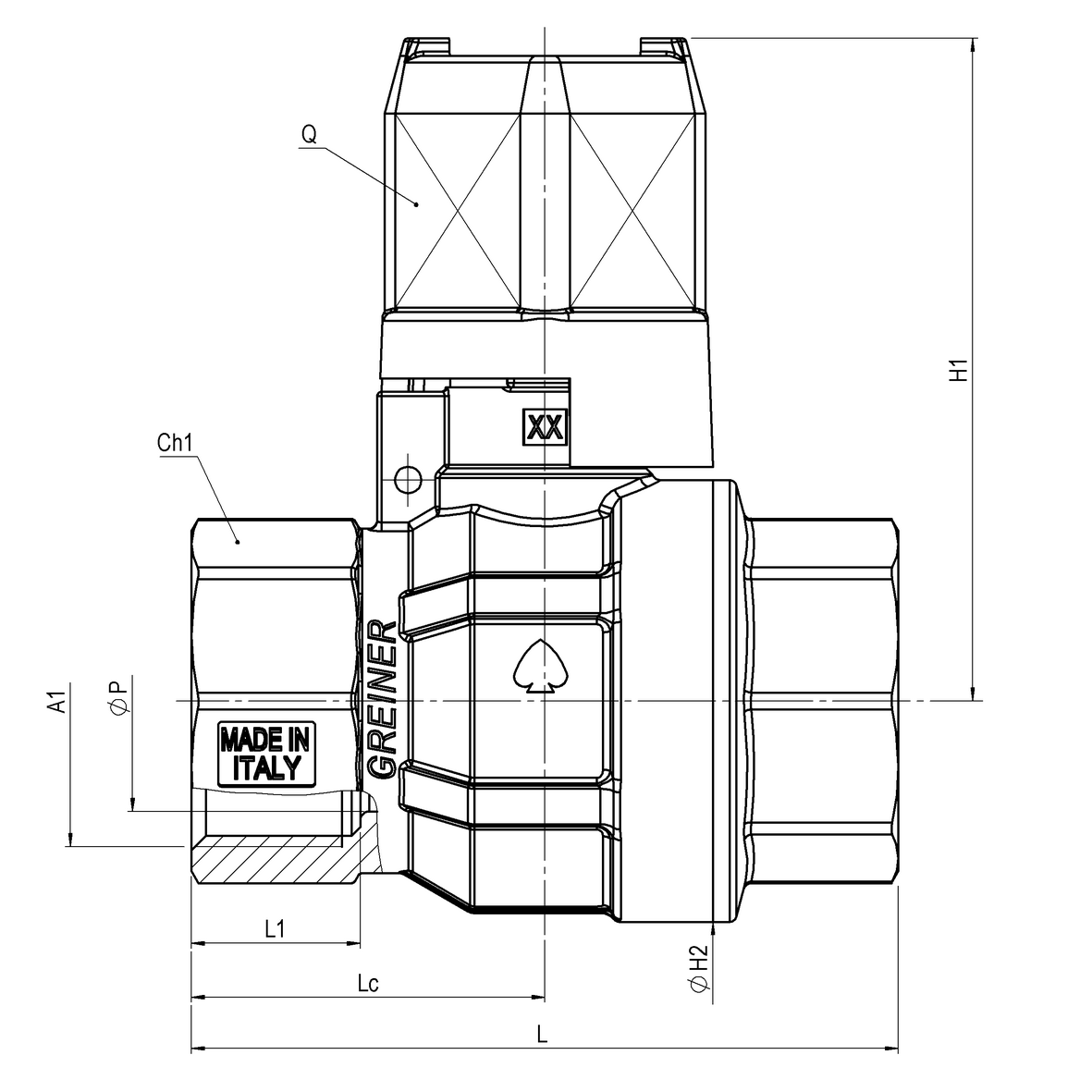 Valvola a sfera per acqua a passaggio totale serie normale con cappellotto troncopiramidale F-F