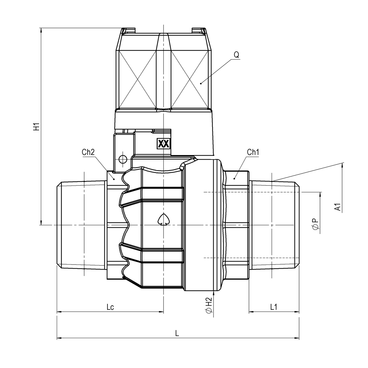 Valvola a sfera per acqua a passaggio totale serie normale con cappellotto quadro M-M