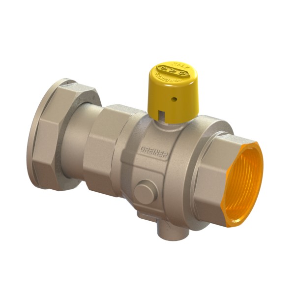 Gas meter full-bore inlet ball valve with yellow sealable cap FEMALE-MOVING NUT