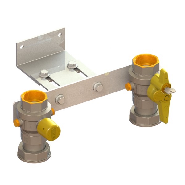 Mensola per contatore gas I=280 valvola in entrata con 2 PCP 1 PST con cappuccio giallo sig. valvola in uscita con serratura 301÷340 con 2 PCP 1 PST con supporto regolabile F-GI-F