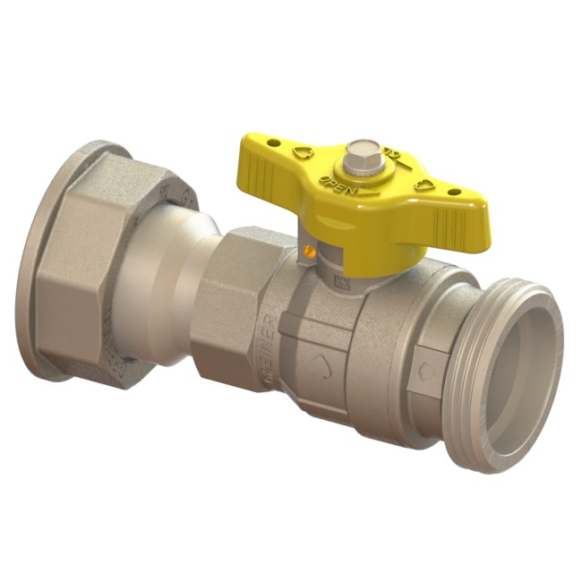 Gas meter reduced-bore inlet ball valve with yellow sealable T-handle MALE-MOVING NUT