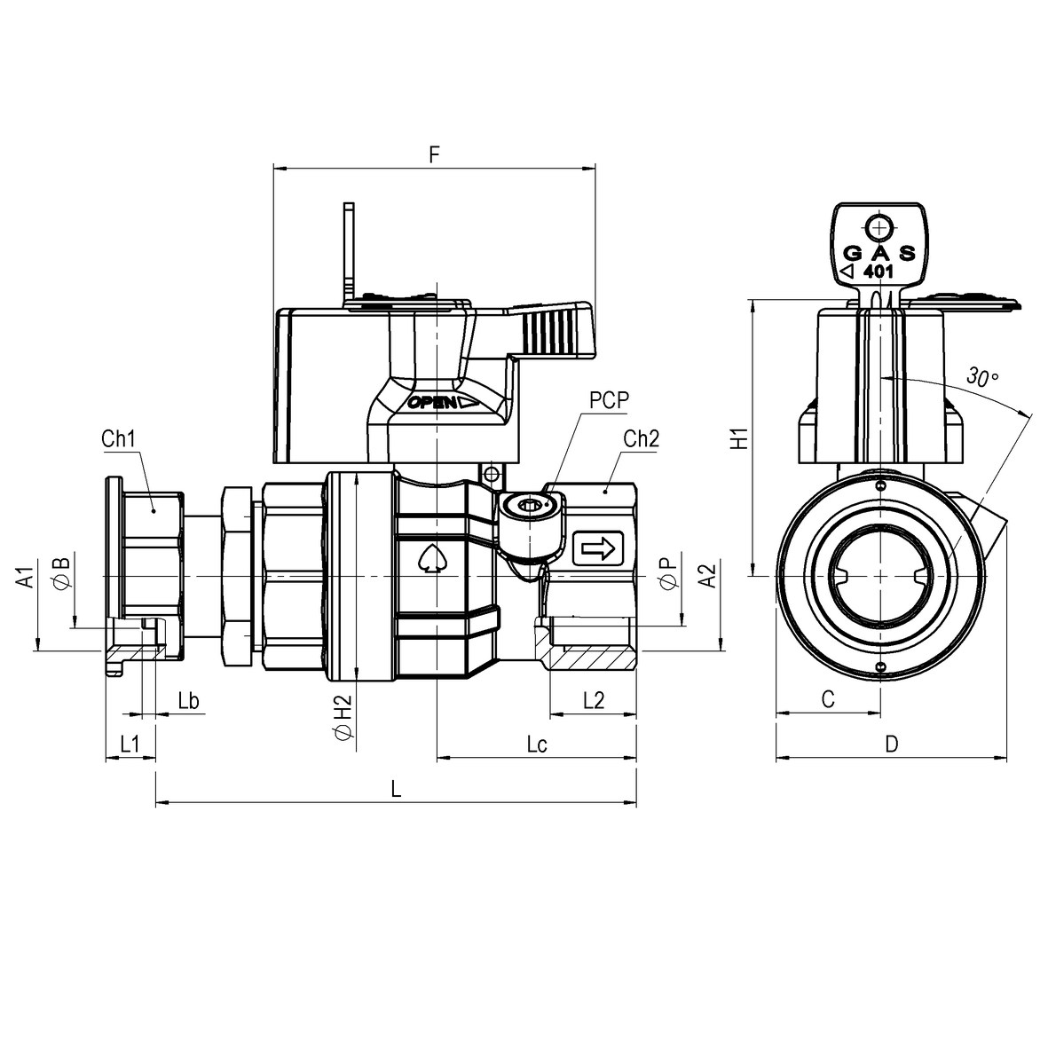 Valvola a sfera per verifica impianto interno UNI-7129 con 1 PCP con serratura di sicurezza e morosità 401÷460 GI-F