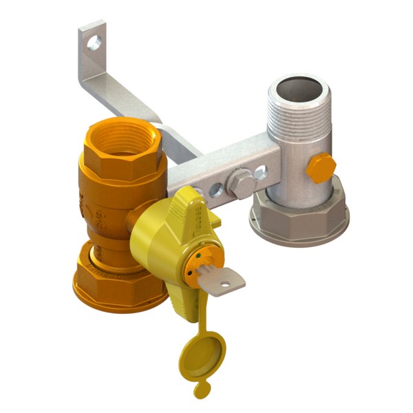 Bracket for gas meter L=110, inlet valve with DFA lock 651 to 685, outlet tail with PCP with twisted fixing plate FEMALE-MOVING NUT-MALE