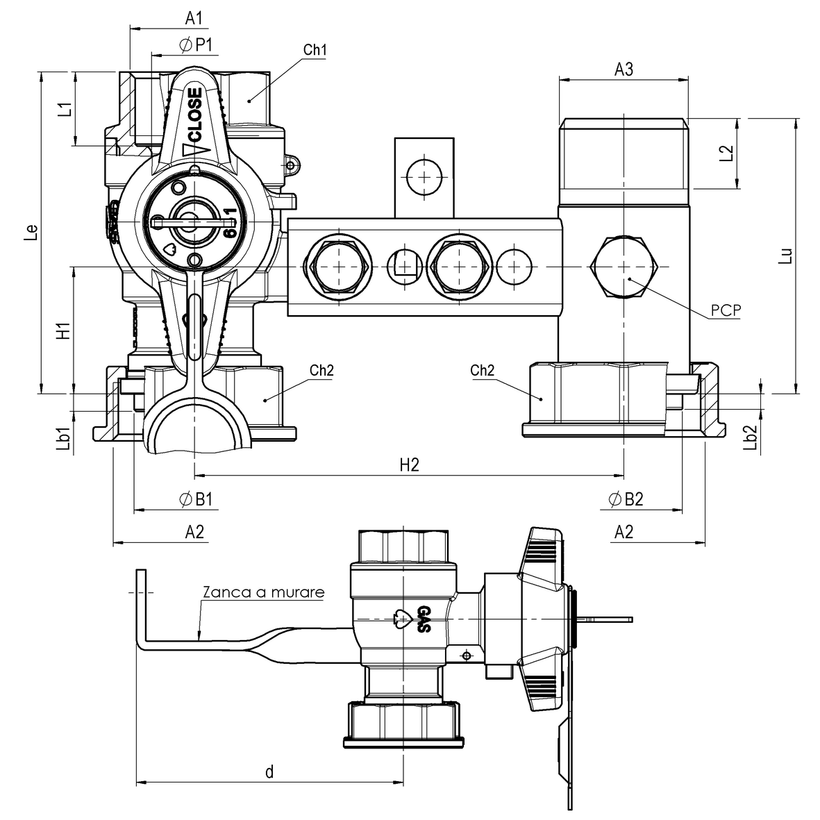 Bracket for gas meter L=110, inlet valve with DFA lock 651 to 685, outlet tail with PCP with twisted fixing plate FEMALE-MOVING NUT-MALE