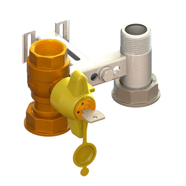 Mensola per contatore gas I=110 valvola in entrata con serratura DFA  651÷685 cannotto in uscita con supporto ad U F-GI-M