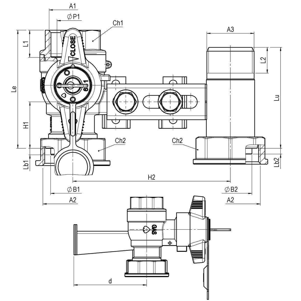 Mensola per contatore gas I=110 valvola in entrata con serratura DFA  651÷685 cannotto in uscita con supporto ad U F-GI-M
