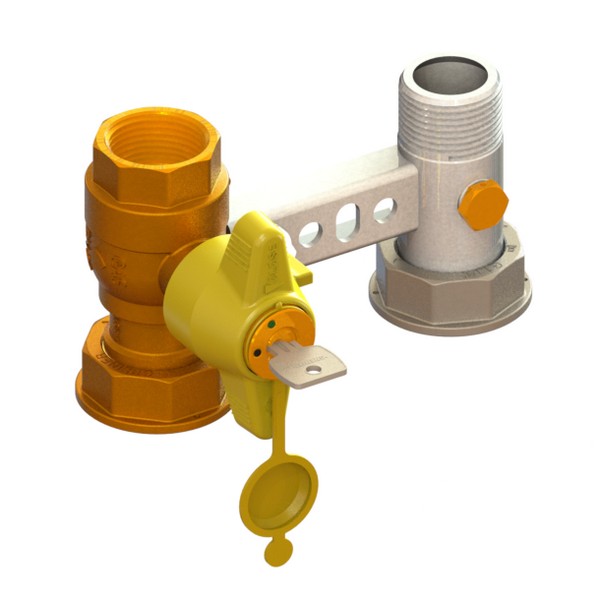 Bracket for gas meter L=110, inlet valve with DFA lock 651 to 685, outlet tail with PCP FEMALE-MOVING NUT-MALE