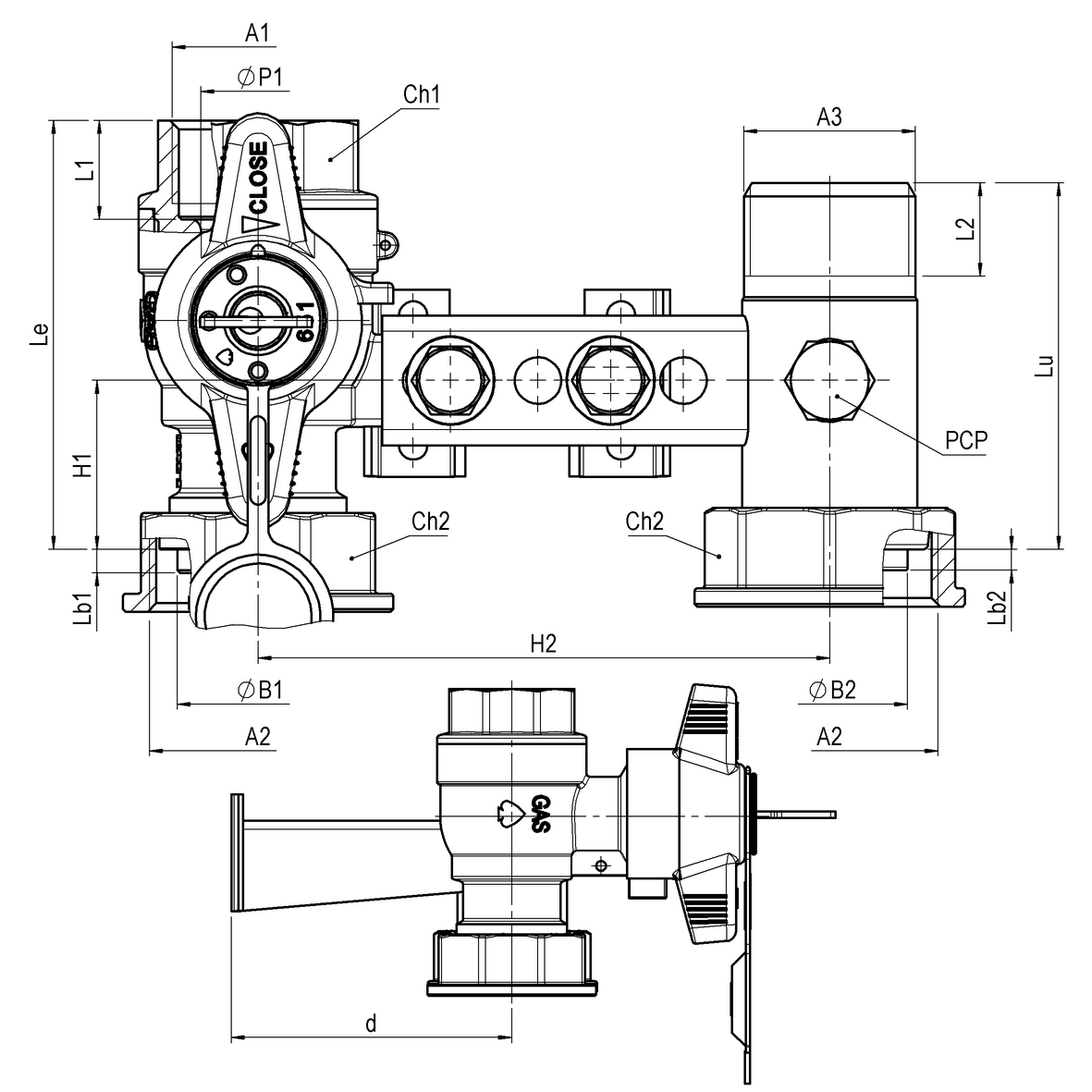 Mensola per contatore gas I=110 valvola in entrata con serratura DFA  651÷685 cannotto in uscita con PCP con supporto ad U F-GI-M