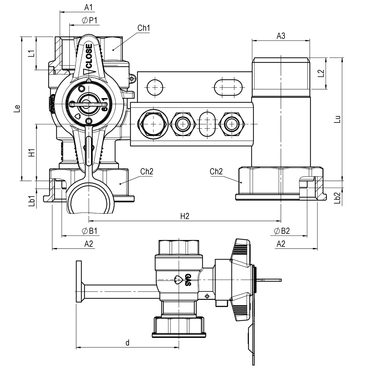 Mensola per contatore gas I=110 valvola in entrata con serratura DFA  651÷685 cannotto in uscita con supporto a 2 perni F-GI-M