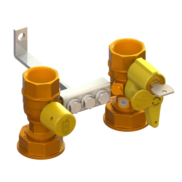 Bracket for gas meter L=110 inlet valve with yellow sealable cap and outlet valve with lock DFA 301 to 340 2 PCPs with twisted fixing plate FEMALE-MOVING NUT-FEMALE