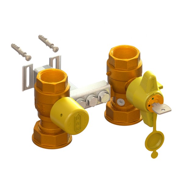 Bracket for gas meter L=110, inlet valve with yellow sealable cap and outlet valve with lock DFA 651 to 685 1 and PCP upstream of it, with “U”-shaped support FEMALE-MOVING NUT-FEMALE