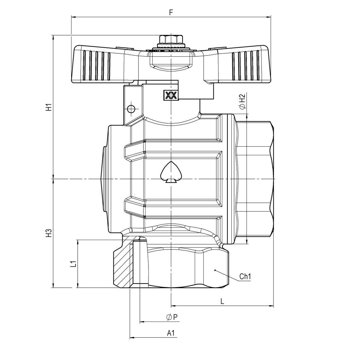 Gas full-bore, right-angle ball valve, heavy execution, with yellow sealable T-handle FEMALE-FEMALE