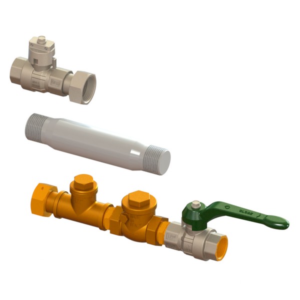 Water meter line kit supplied assembled and inspected, including ball valve with sealable cap, spacer, triple fitting, clapet check valve and ball valve with handle